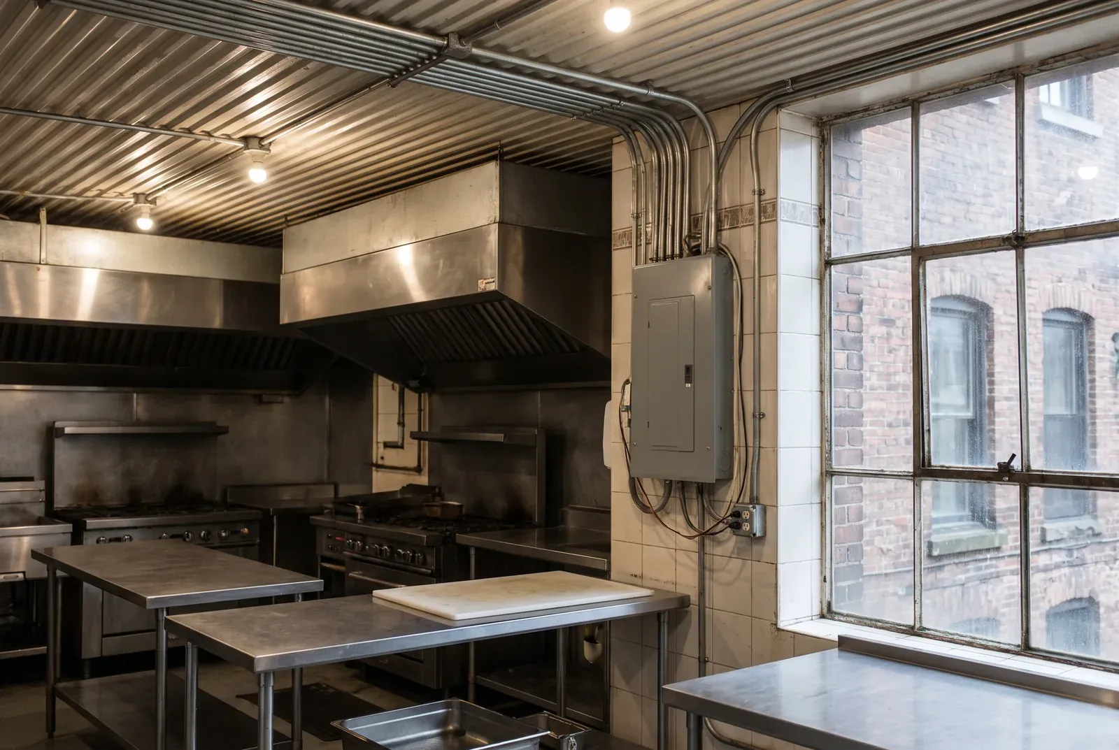 Stainless steel restaurant kitchen and its electrical panel on the wall