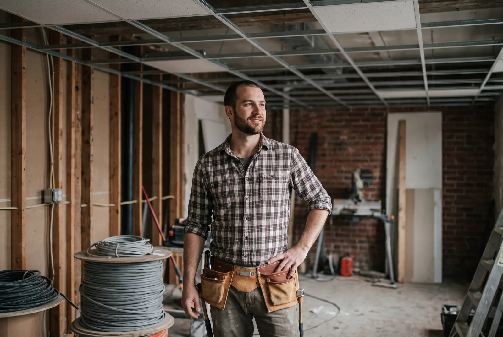 Master electrician in a commercial space under fit-out