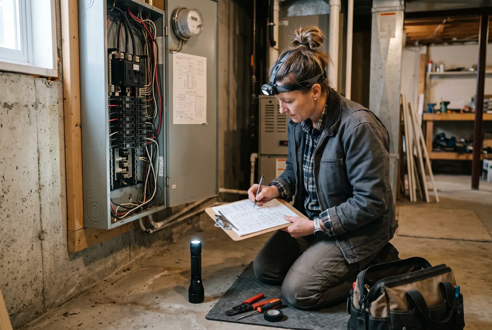 Electrician calculating the load in front of an open electrical panel