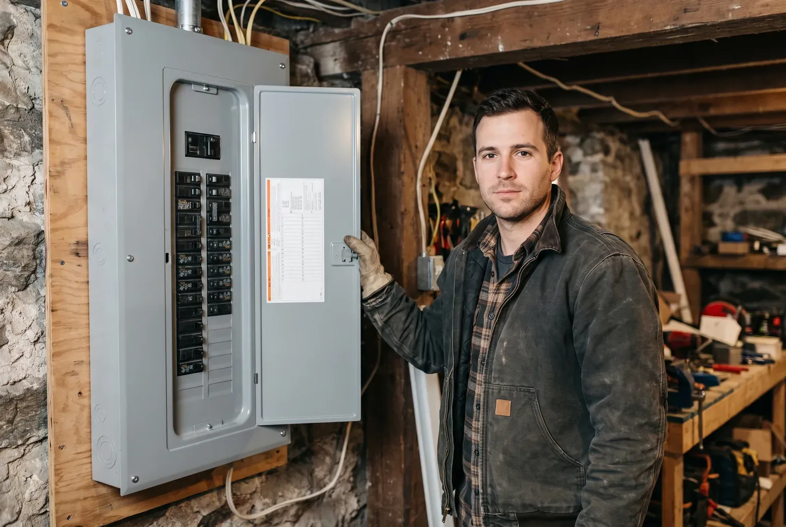 Master electrician in front of a new electrical panel, in a basement