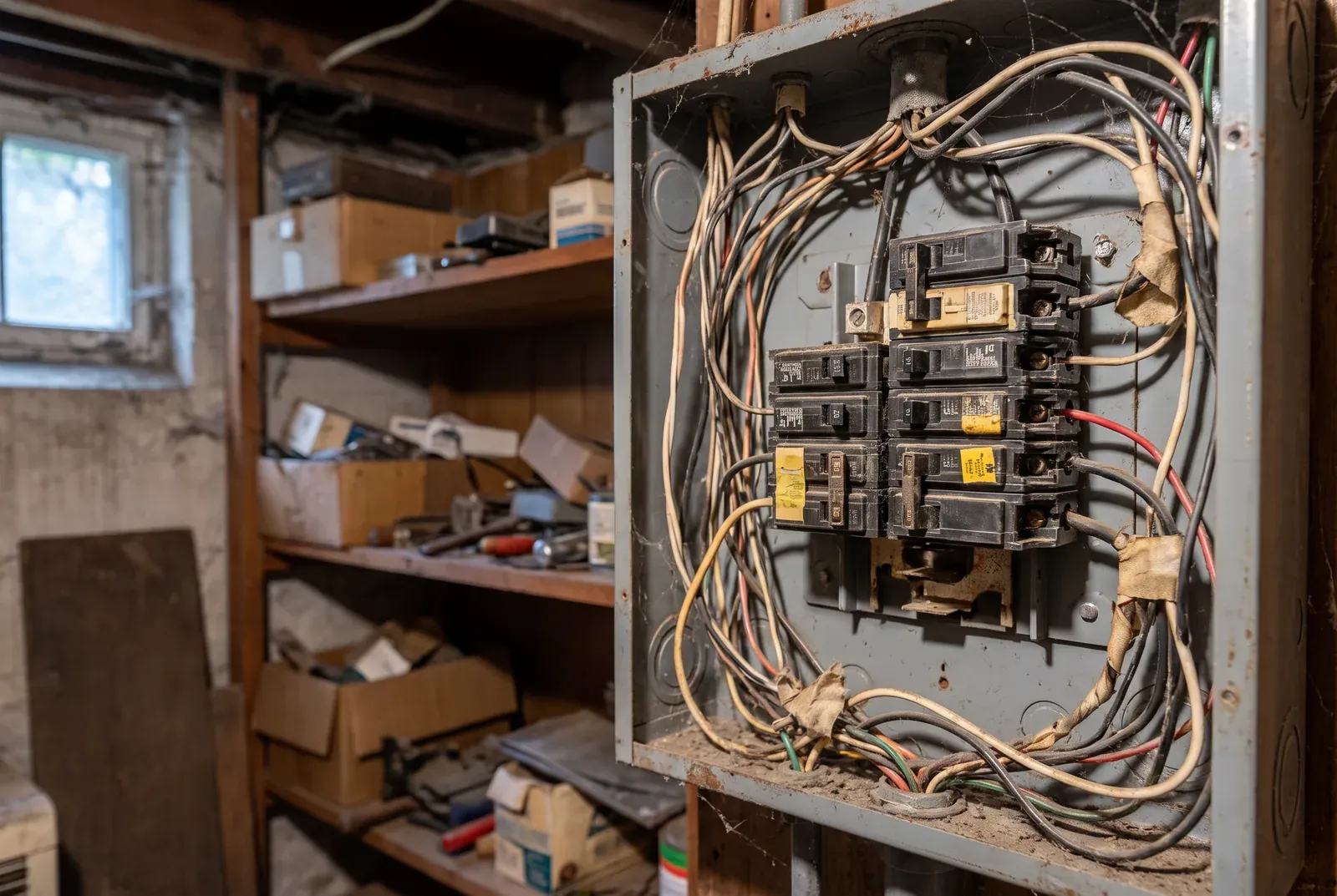 Old, crowded electrical panel in a basement
