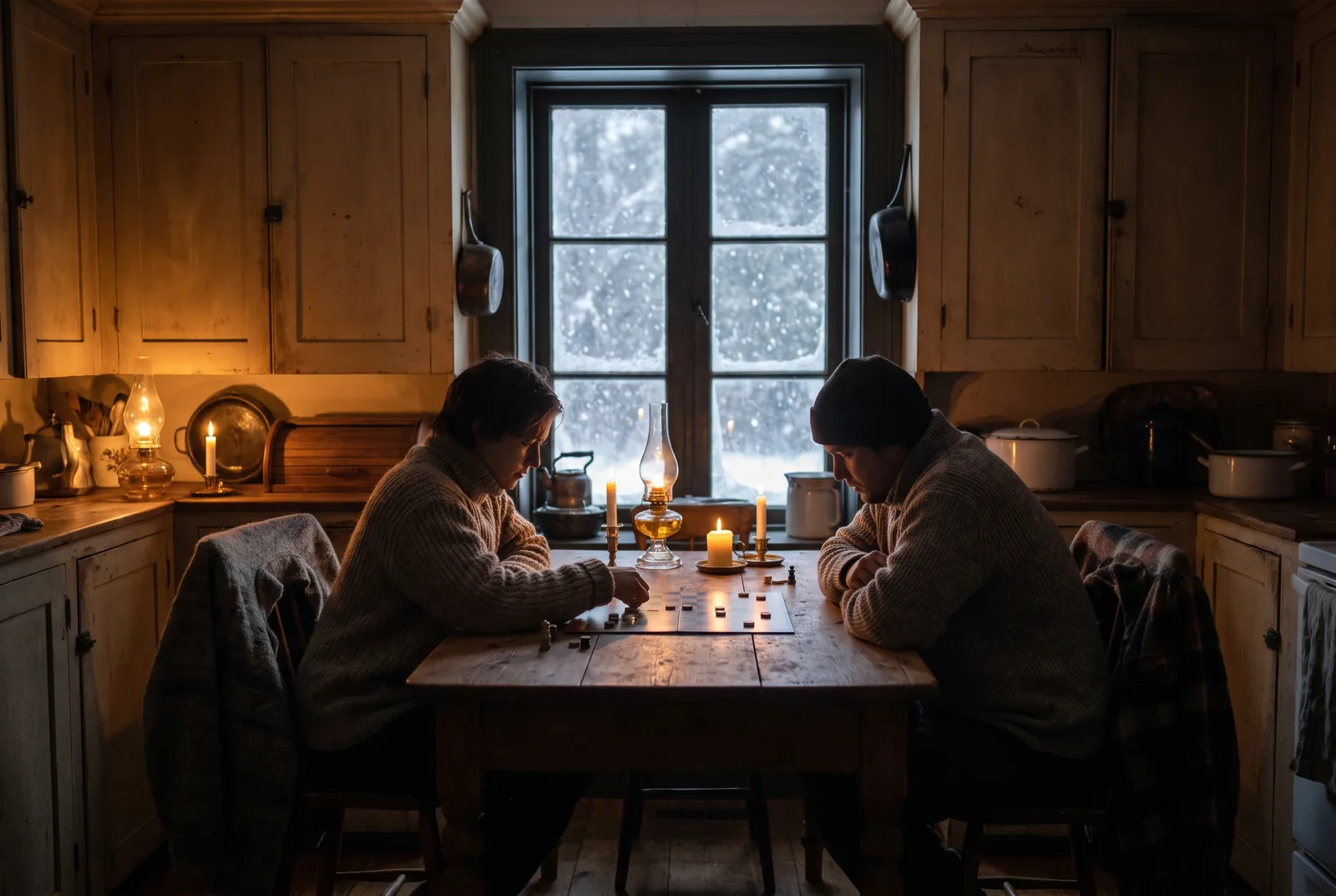 Cuisine éclairée par quelques lampes pendant une panne de courant en hiver