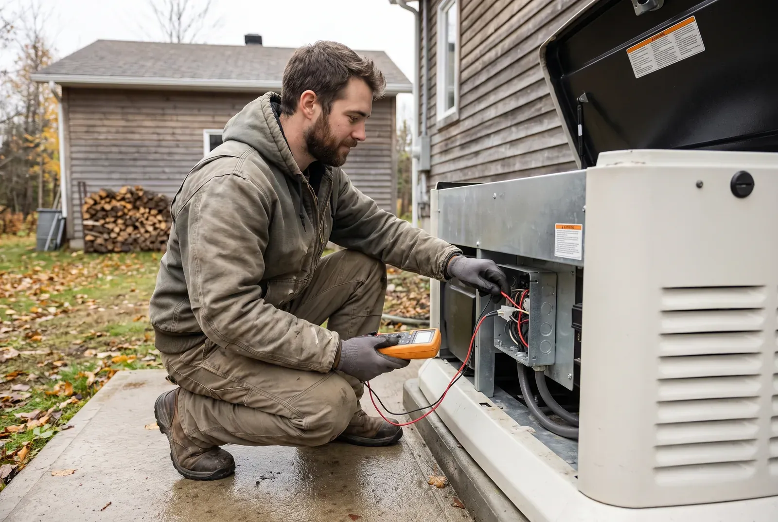 Maître électricien qui vérifie le raccordement d’une génératrice sur sa dalle