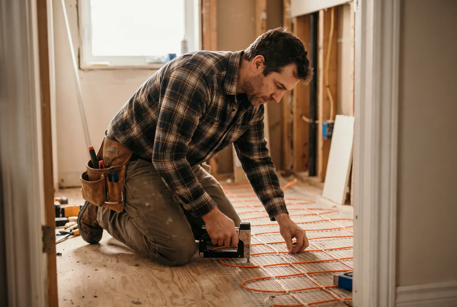 Électricien qui pose un câble chauffant dans une salle de bain en rénovation