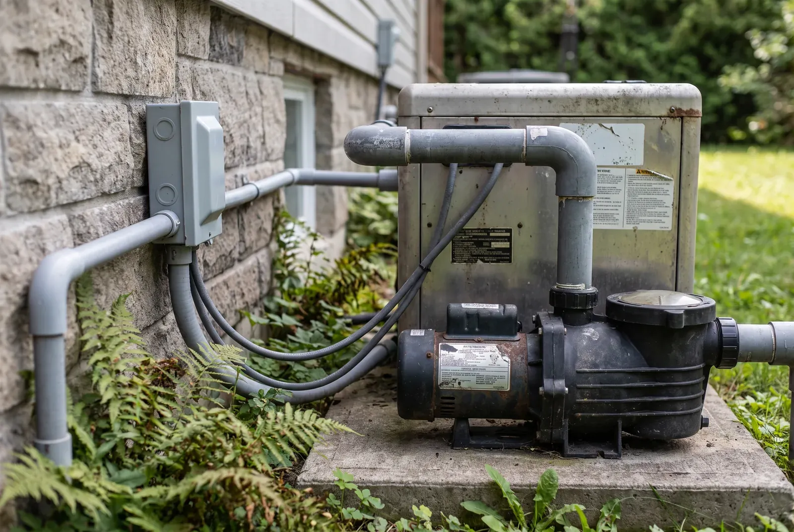 Chauffe-eau et pompe de piscine raccordés dans un coffret extérieur étanche