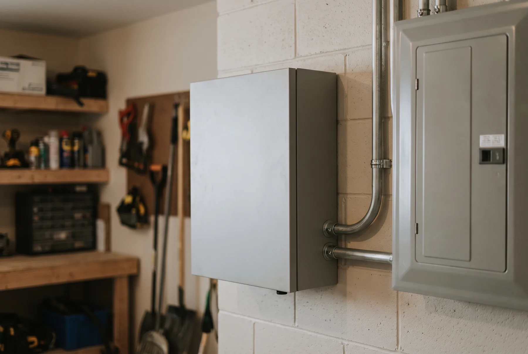 Solar inverter installed on a garage wall, next to the electrical panel