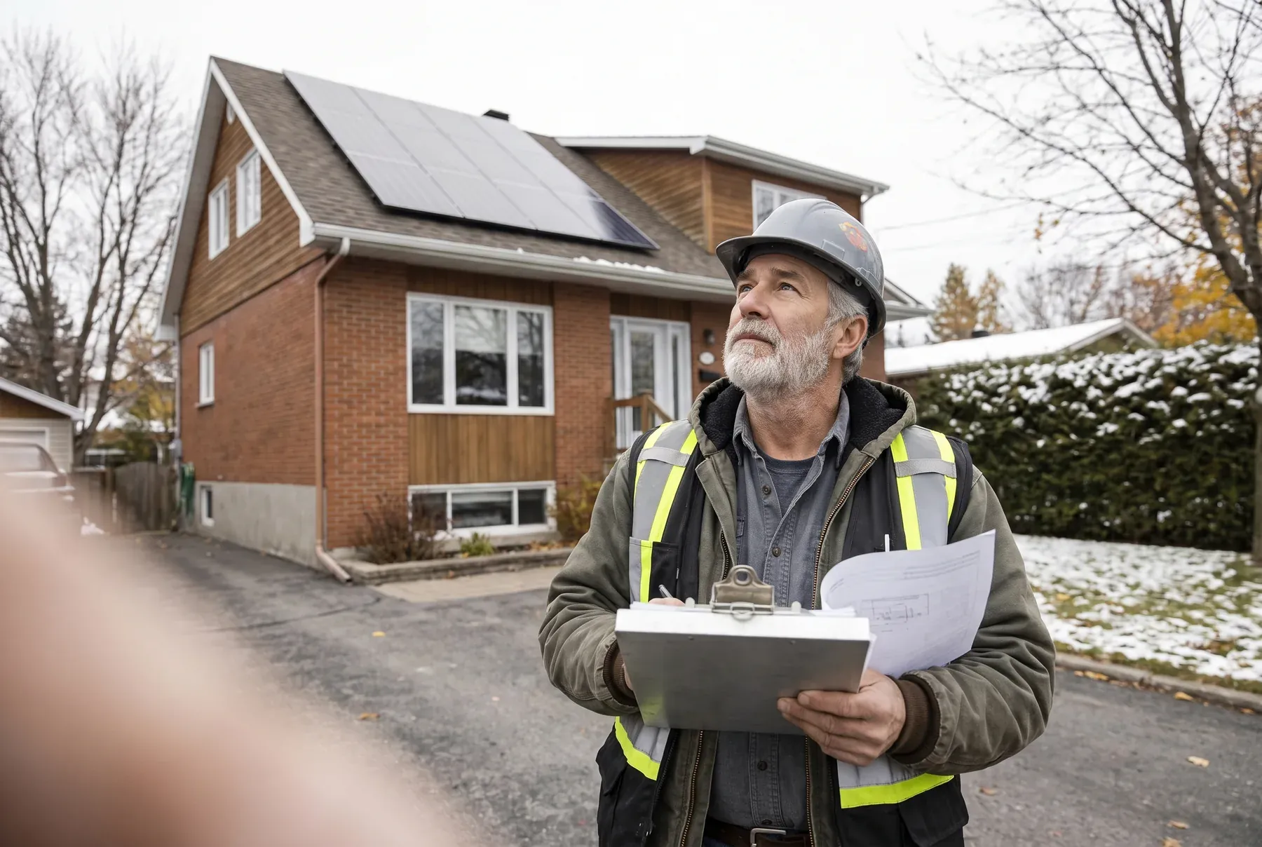 Master electrician in front of a house equipped with solar panels