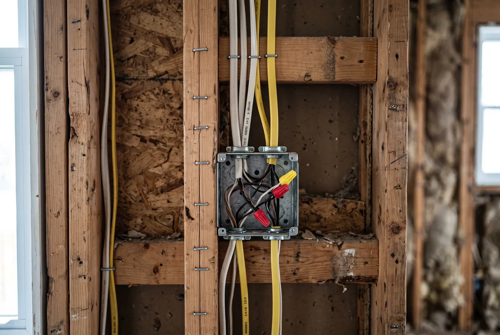 Wiring and electrical boxes in an open wall before the drywall goes up