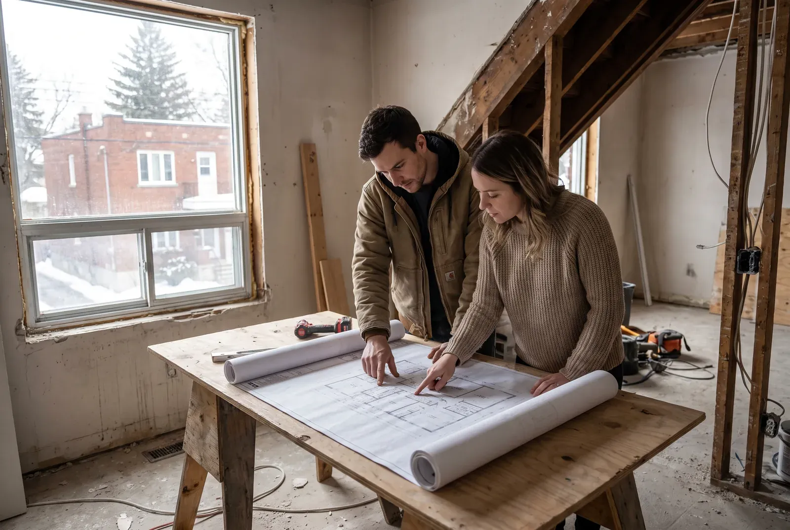 Electrician and homeowner leaning over a plan on a renovation site