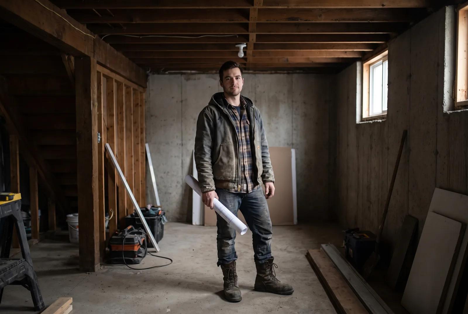 Electrician assessing an electrical panel in a basement under renovation
