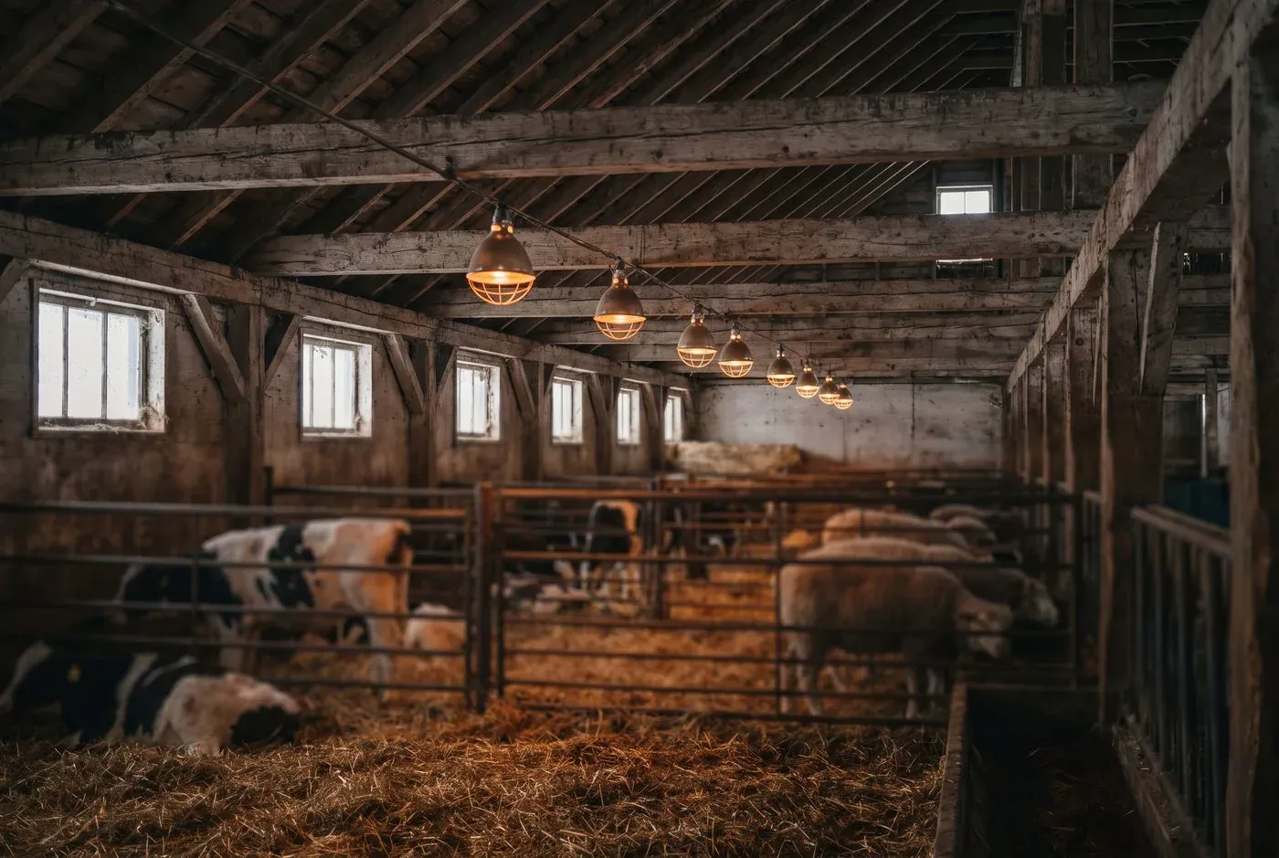 Heat lamps hanging in a livestock building