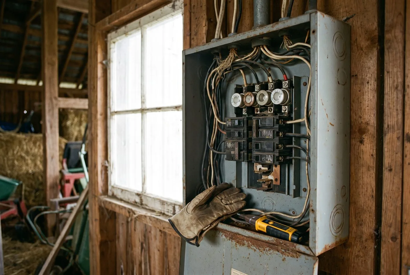 Open electrical panel in a farm building