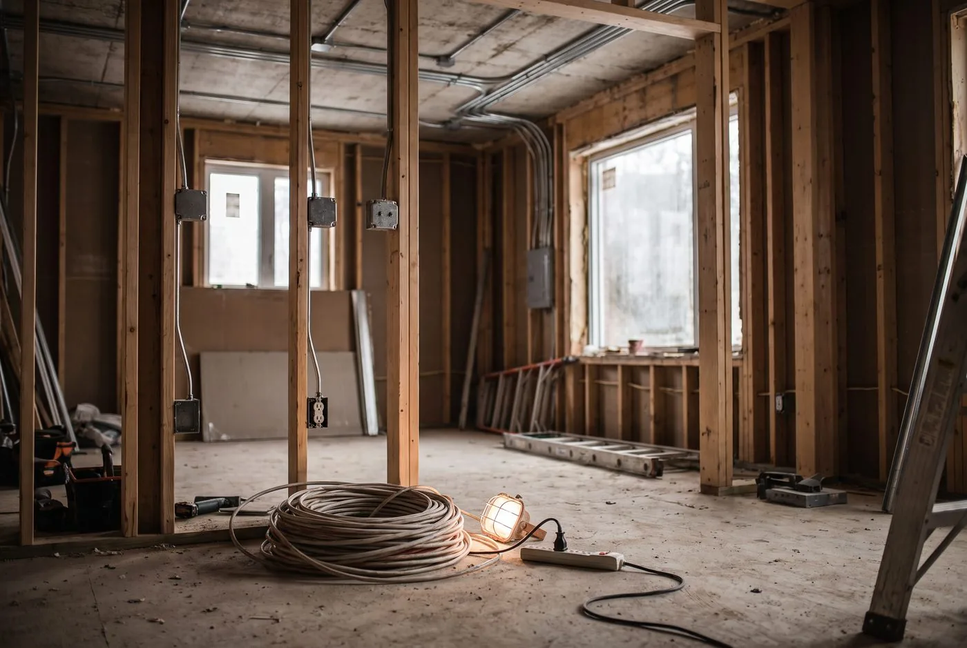 Wiring and electrical boxes in a commercial space under fit-out