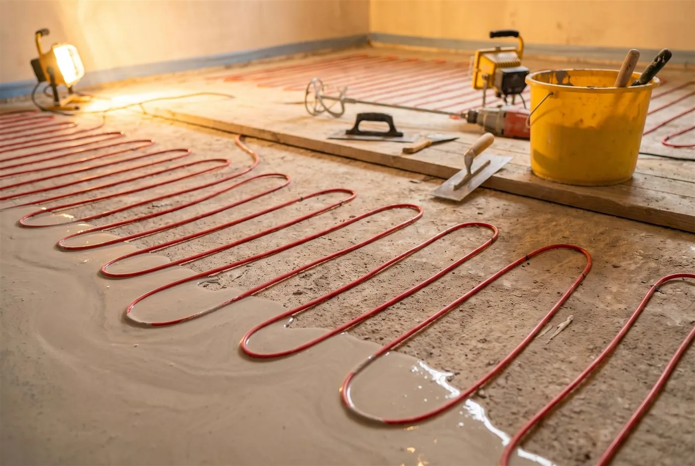 Câble de plancher chauffant installé sur une dalle