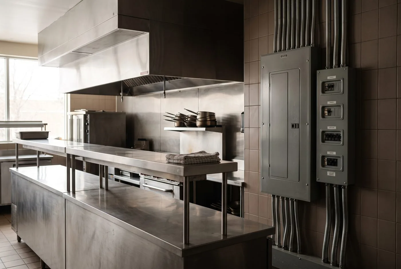 Restaurant kitchen and its electrical panel
