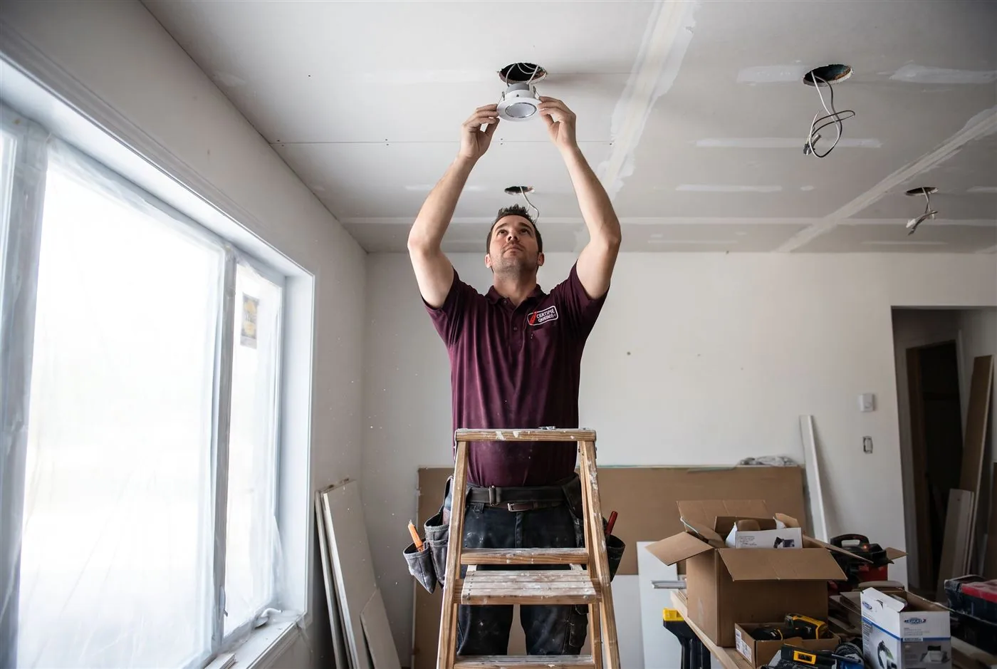 Electrician at work on a ladder