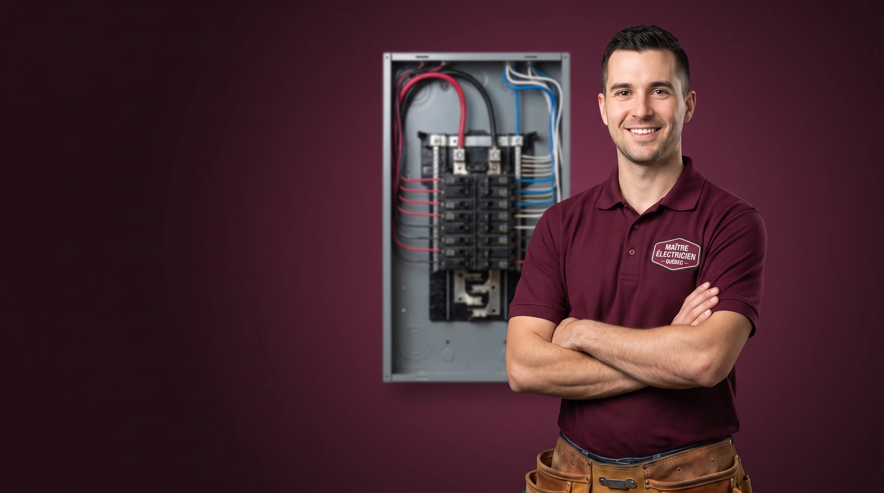 Marc-André Vinet, master electrician, in front of an electrical panel