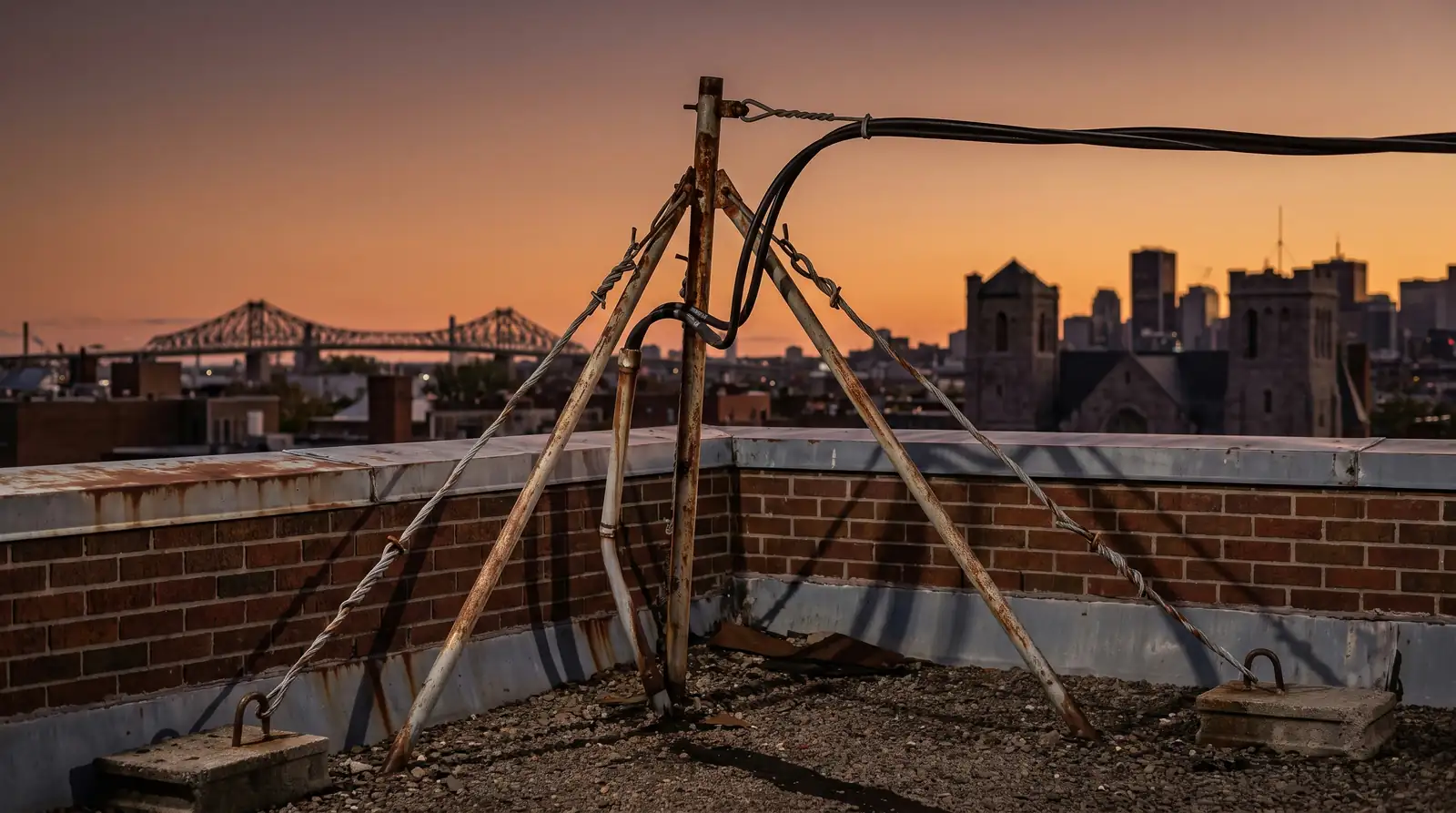 Rusted metal tripod on a flat roof, held by twisted steel cables anchored to concrete blocks, with the supply cable tied at the top