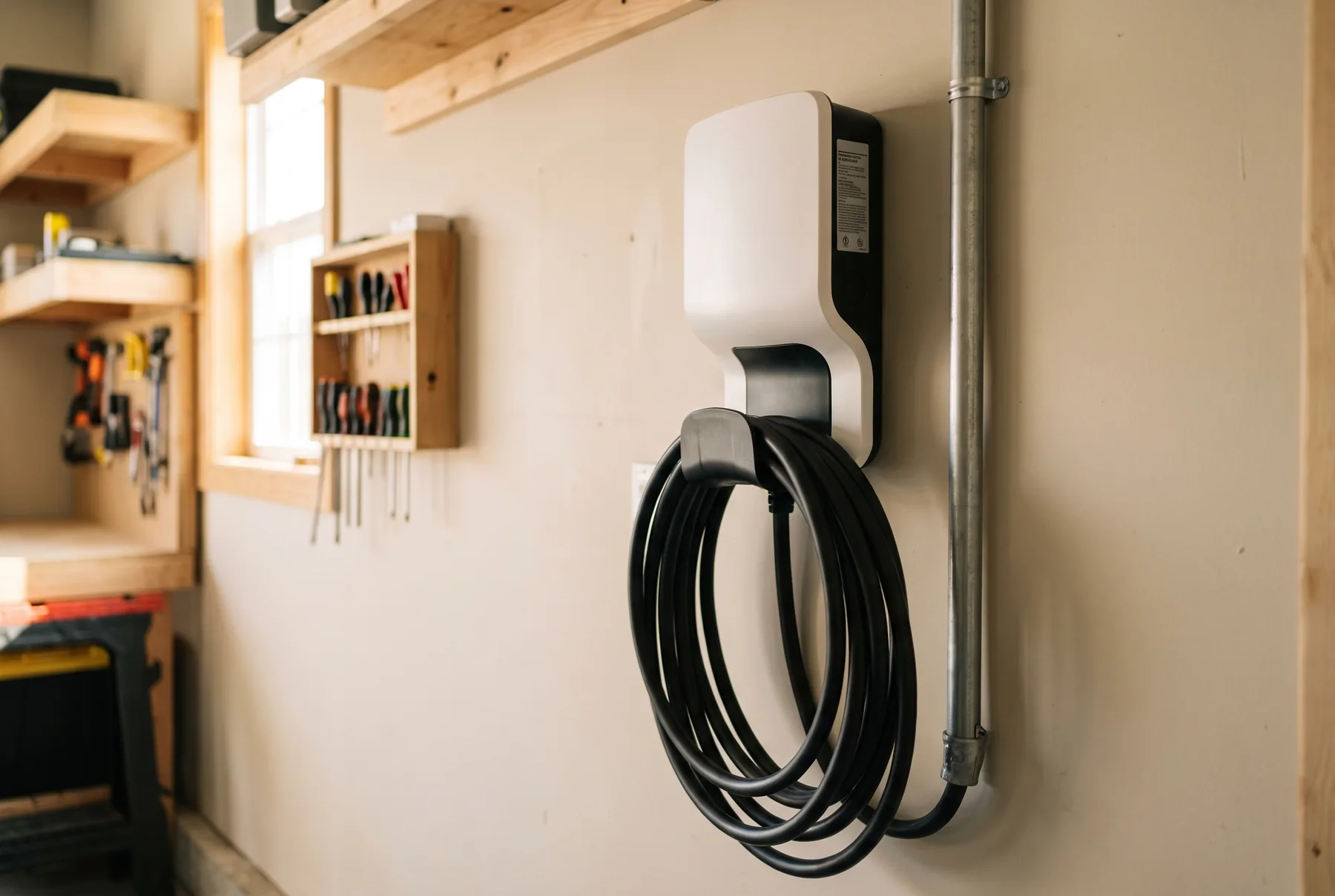 Borne de recharge de niveau 2 installée sur le mur d’un garage
