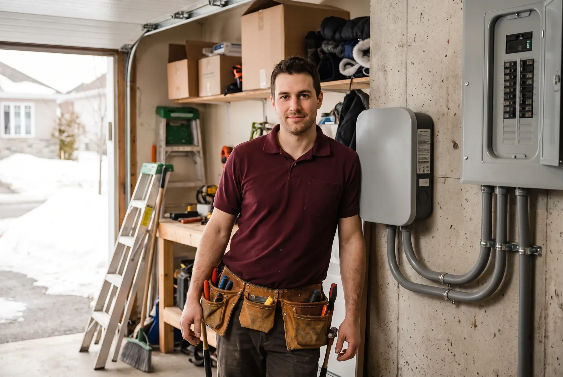 Maître électricien devant une installation de borne de recharge terminée