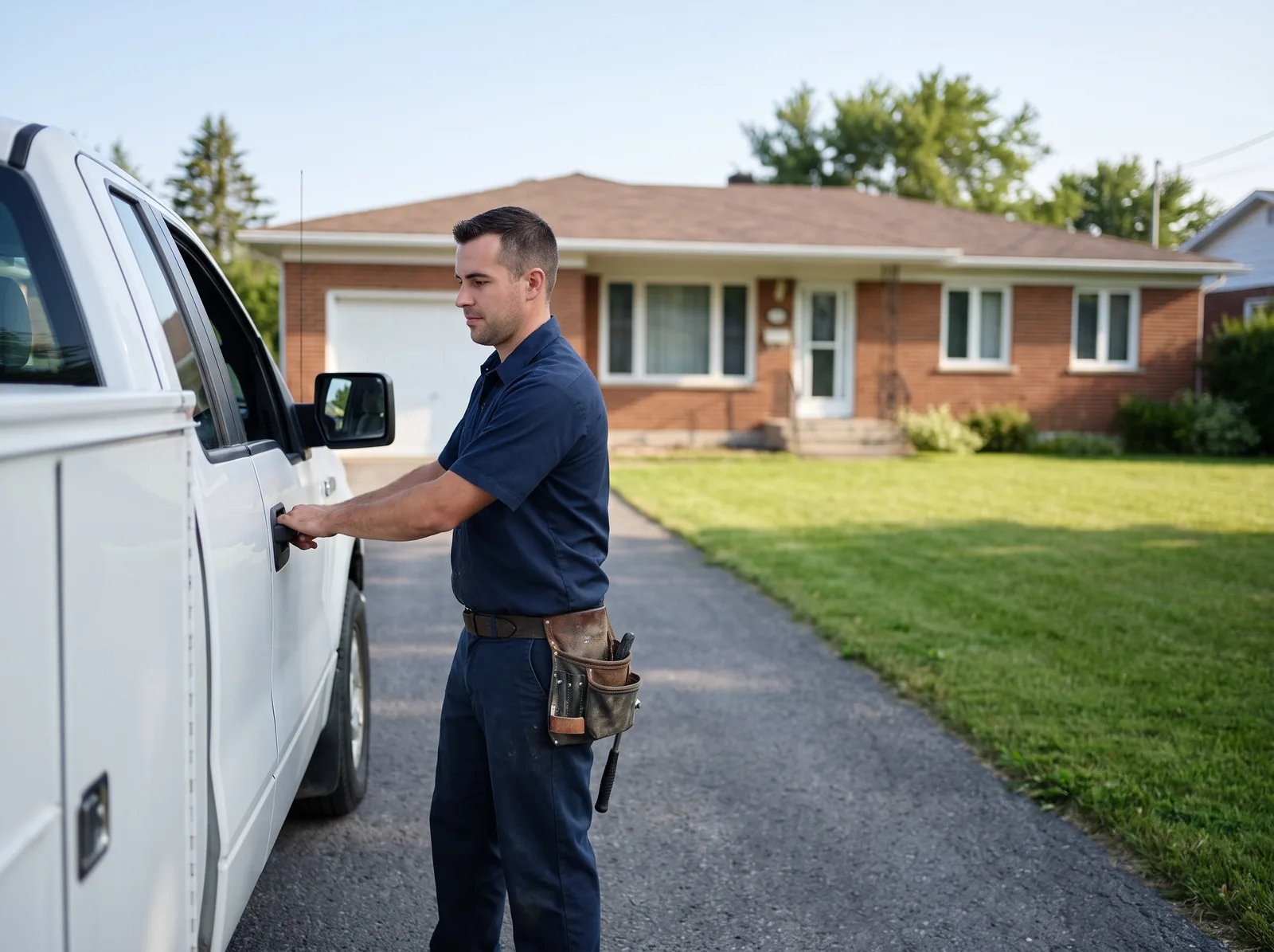 Maître électricien et son camion de service devant un bungalow de Brossard
