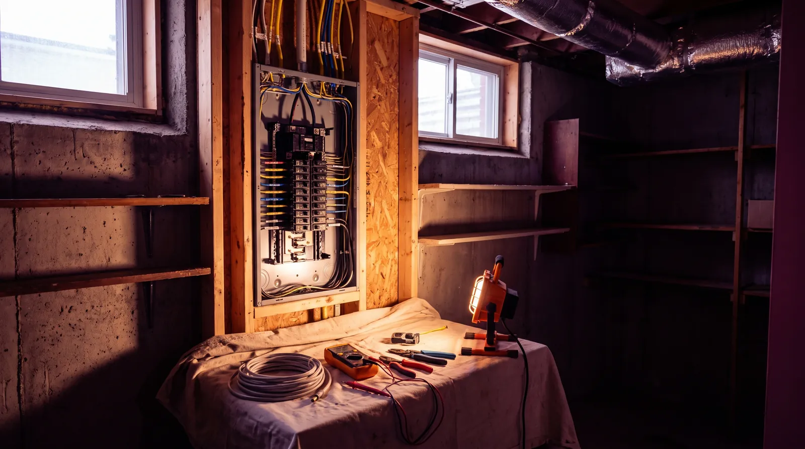 Image d’illustration: panneau électrique ouvert dans un sous-sol, outils posés sur une table