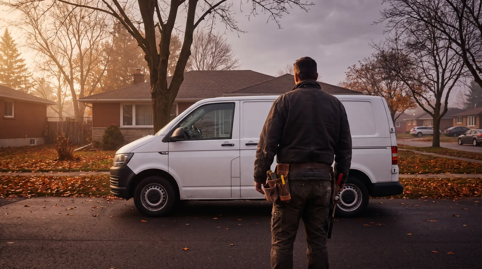 Image d’illustration: un électricien et son fourgon devant un bungalow de banlieue, en automne
