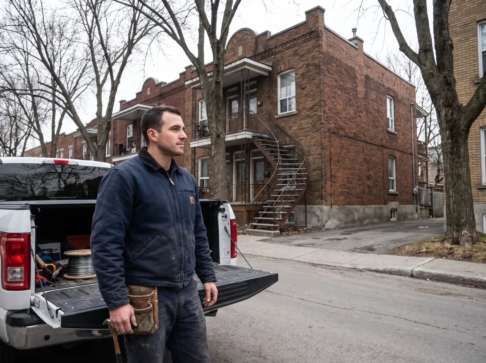 Le camion de service de VGI Électrique devant un triplex du Sud-Ouest de Montréal